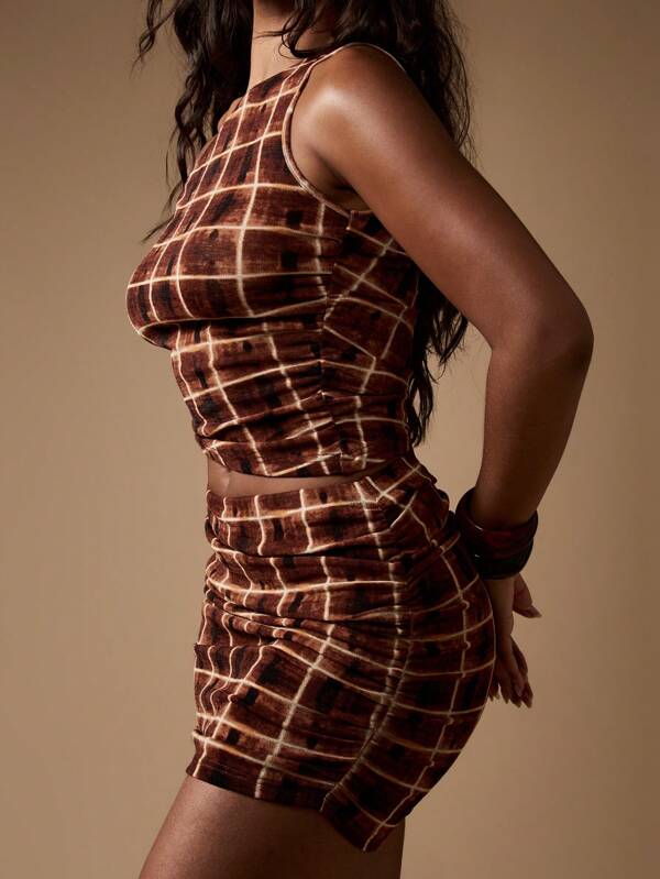 Missguided MISSGUIDED Women Bodycon Plaid Knitted Two-Piece Outfit With Mini Skirt