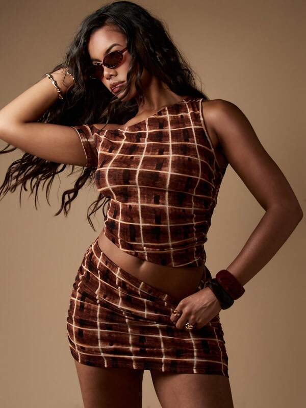 missguided MISSGUIDED Women Bodycon Plaid Knitted Two-Piece Outfit With Mini Skirt