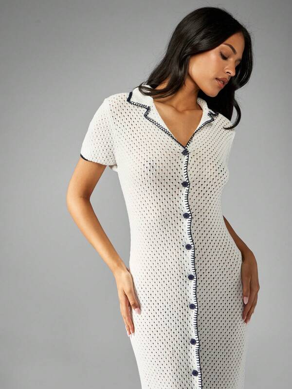 Missguided MISSGUIDED Women Button Through Knit Pointelle Long Dress