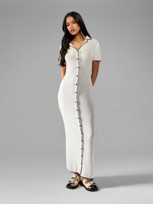 missguided MISSGUIDED Women Button Through Knit Pointelle Long Dress