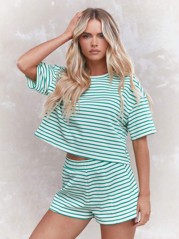 missguided MISSGUIDED Women Casual Stripe Knit Short Sleeve Two Piece Outfit