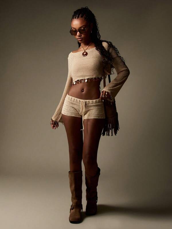 Missguided MISSGUIDED Women Crystal Embellished Knit Long Sleeve Crochet Beaded Crop Top