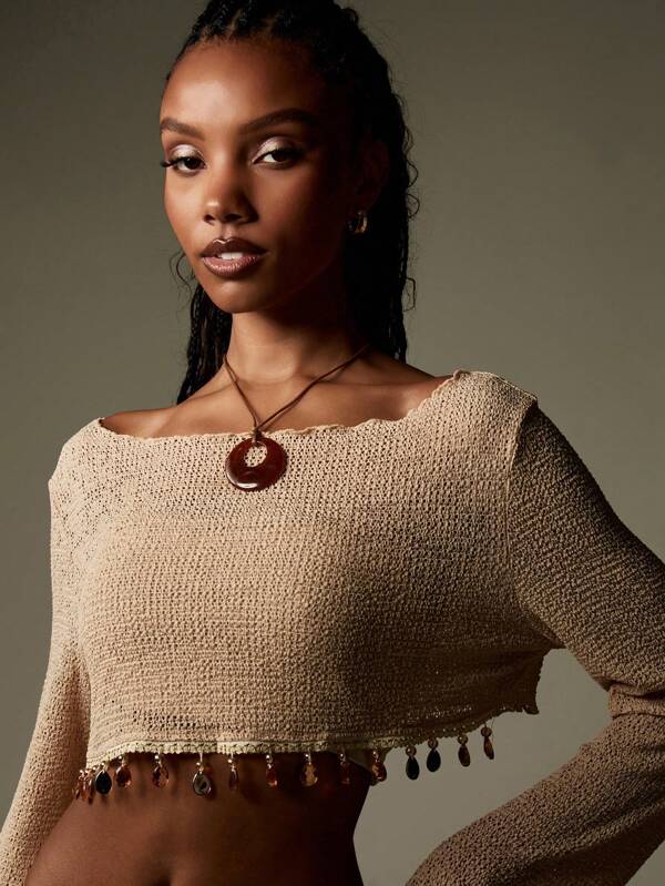 Missguided MISSGUIDED Women Crystal Embellished Knit Long Sleeve Crochet Beaded Crop Top