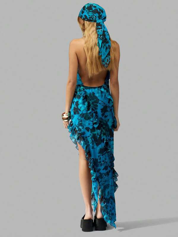 Missguided MISSGUIDED Women Halter Neck Ruffle High Split Maxi Dress