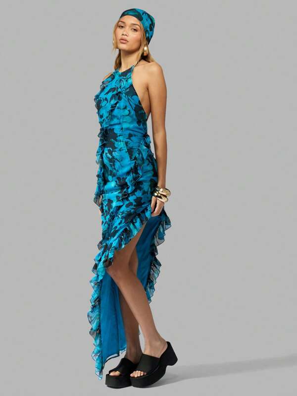 missguided MISSGUIDED Women Halter Neck Ruffle High Split Maxi Dress