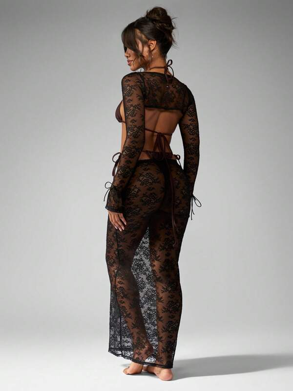 Missguided MISSGUIDED Women Lace Long Sleeve Mesh Sheer Cover Up Pants Two-Piece Outfit