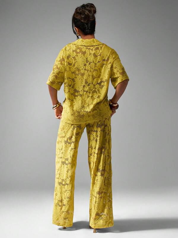 Missguided MISSGUIDED Women Luxury Lace Overlay Wide Leg Two Piece Set