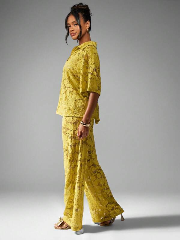 Missguided MISSGUIDED Women Luxury Lace Overlay Wide Leg Two Piece Set