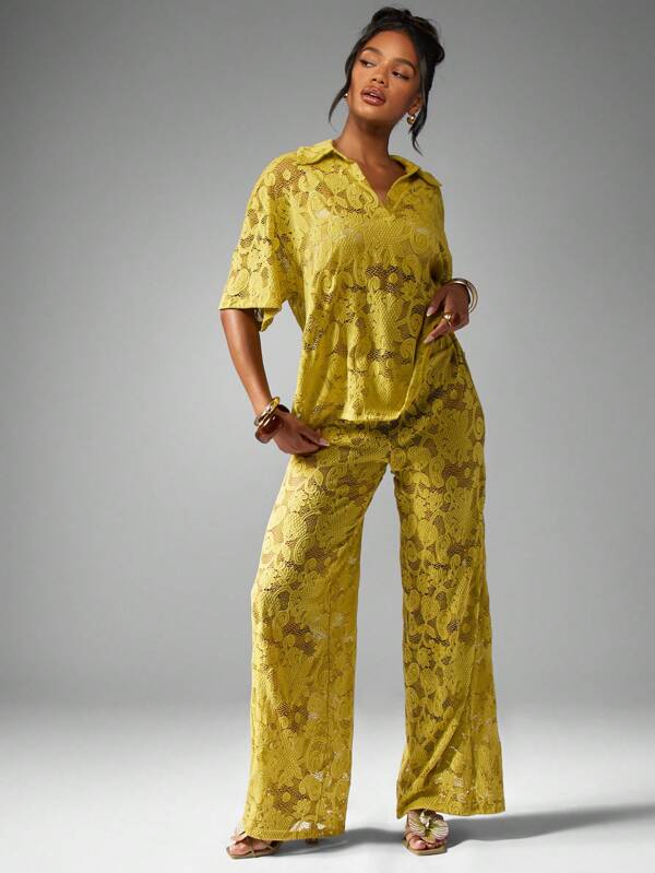 missguided MISSGUIDED Women Luxury Lace Overlay Wide Leg Two Piece Set