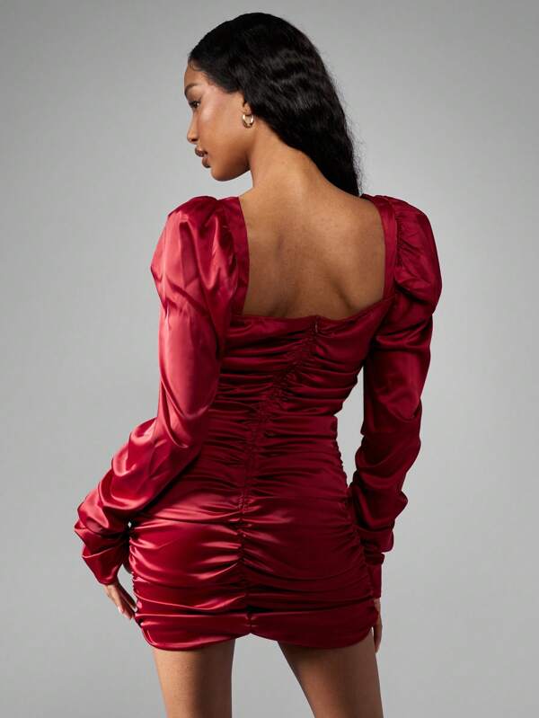 Missguided MISSGUIDED Women Mini Dress Features Luxurious Satin Ruched Puff Sleeve Square Neck