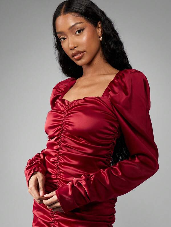 Missguided MISSGUIDED Women Mini Dress Features Luxurious Satin Ruched Puff Sleeve Square Neck