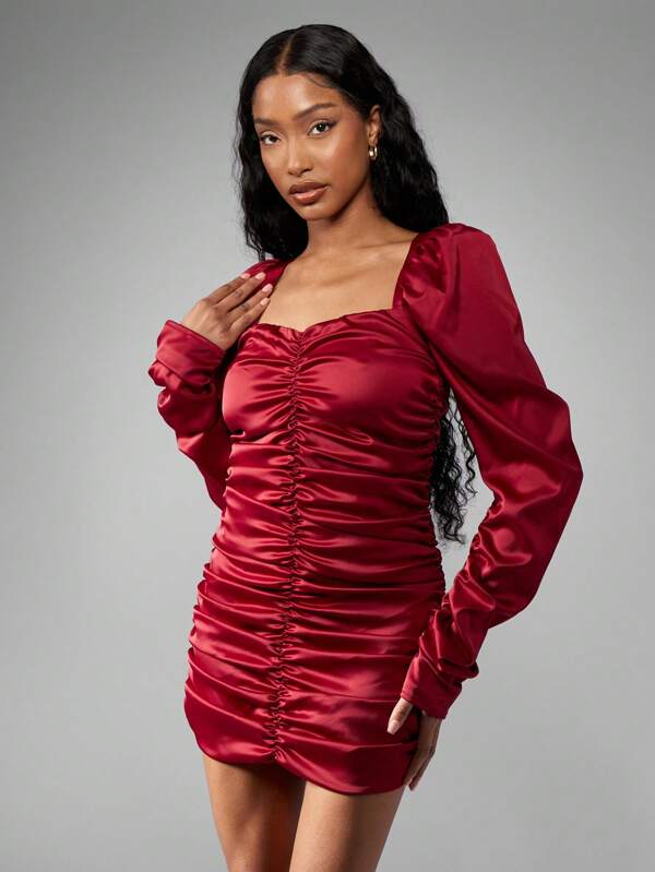 missguided MISSGUIDED Women Mini Dress Features Luxurious Satin Ruched Puff Sleeve Square Neck