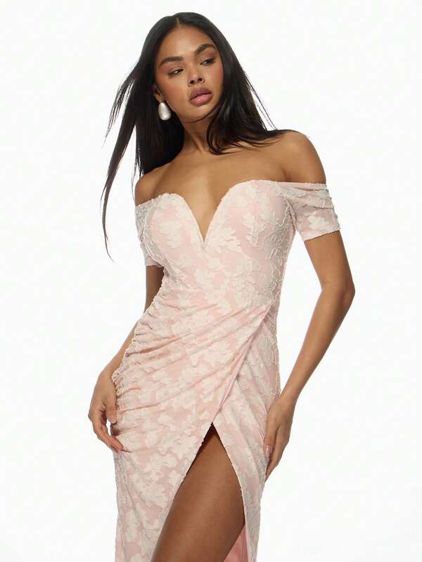 Missguided MISSGUIDED Women Plunge Neck Off-Shoulder Ruched Side Slit Maxi Dress