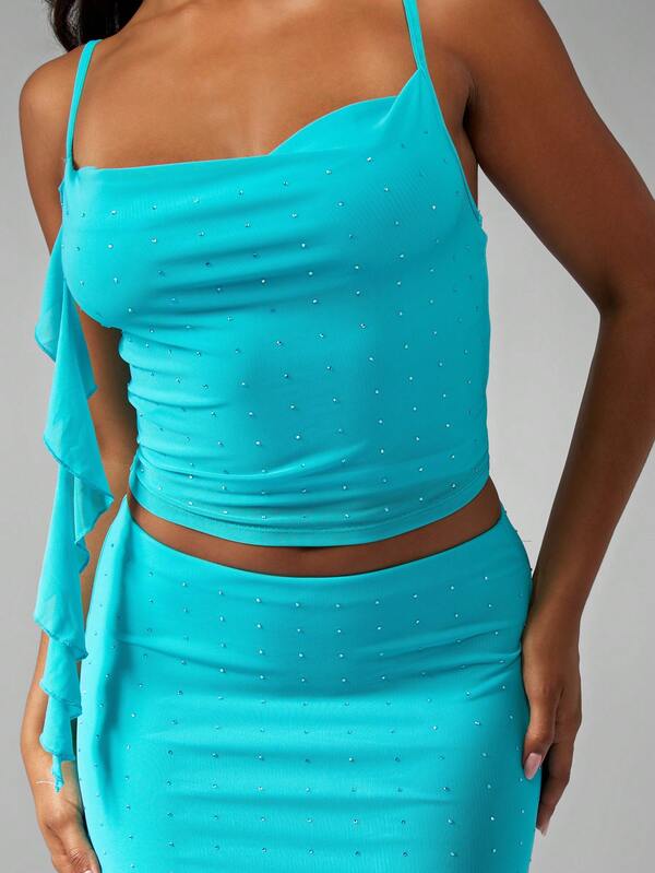 Missguided MISSGUIDED Women Rhinestone Studded Mini Crop Cami Ruched Bodycon Two-Piece Outfit