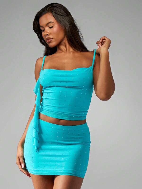 missguided MISSGUIDED Women Rhinestone Studded Mini Crop Cami Ruched Bodycon Two-Piece Outfit