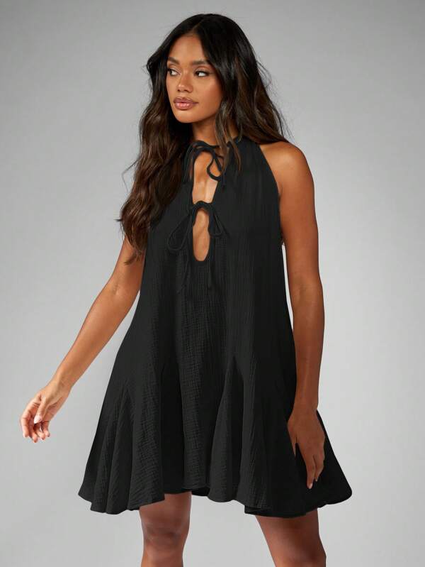 missguided MISSGUIDED Women's Tie Front Sleeveless Cheesecloth Flared Mini Dress