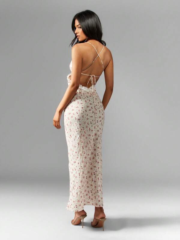 Missguided MISSGUIDED Women Sleeveless Maxi Dress With Floral Lace Trim Cross Back