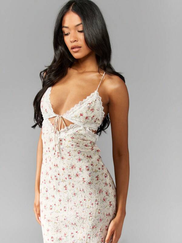 Missguided MISSGUIDED Women Sleeveless Maxi Dress With Floral Lace Trim Cross Back