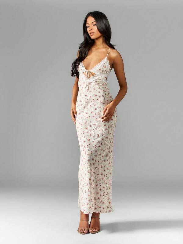 missguided MISSGUIDED Women Sleeveless Maxi Dress With Floral Lace Trim Cross Back