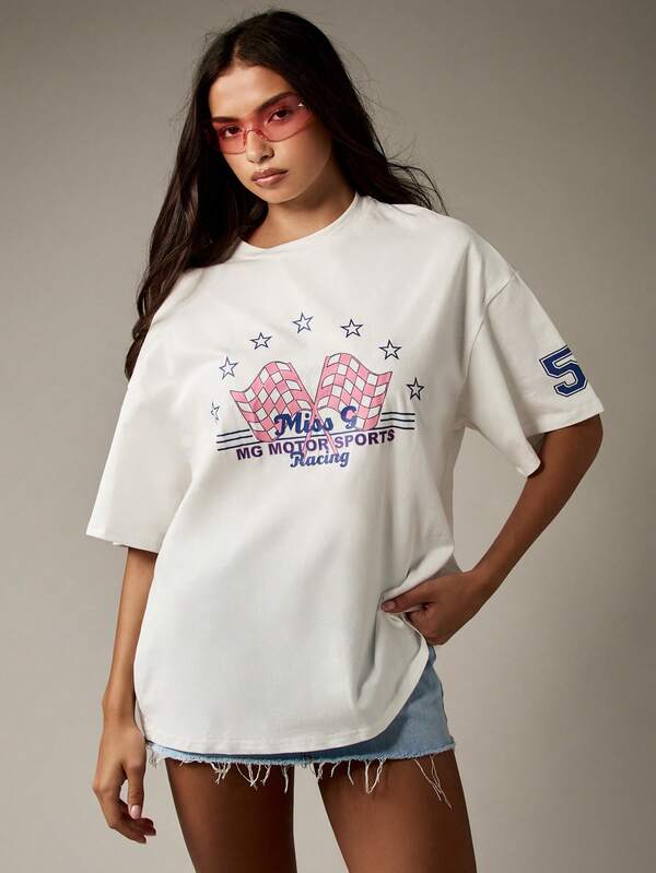 Missguided MISSGUIDED Women T-Shirts With Racing Motorsport Graphic Retro Style Oversized Fit