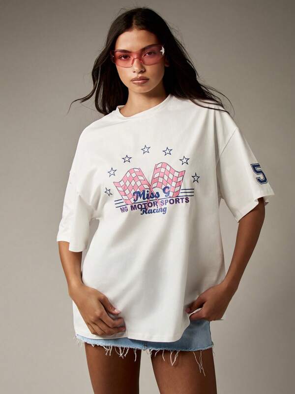 missguided MISSGUIDED Women T-Shirts With Racing Motorsport Graphic Retro Style Oversized Fit