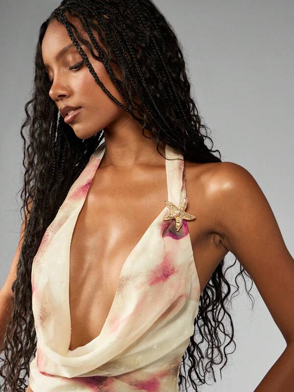 Missguided MISSGUIDED Women Tops Halter Neck Cowl Neckline Starfish Brooch Crop Top