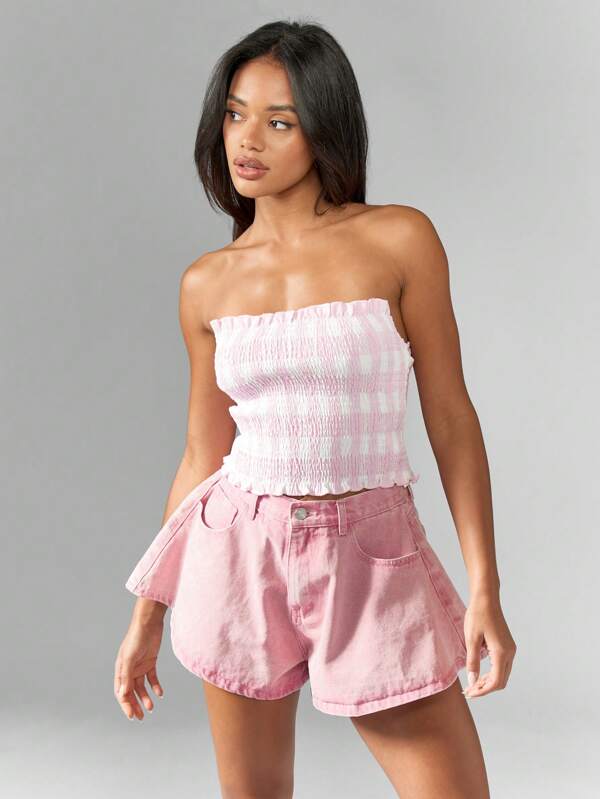 Missguided MISSGUIDED Women Tops Shirred Smocked Stretch Strapless Bandeau Crop Top