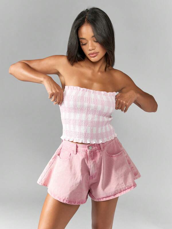 missguided MISSGUIDED Women Tops Shirred Smocked Stretch Strapless Bandeau Crop Top