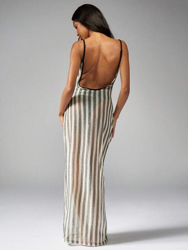 Missguided MISSGUIDED Women Vertical Striped Crochet Sleeveless Spaghetti Strap Long Maxi Dress