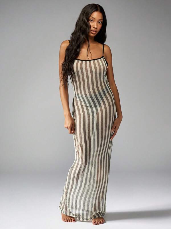 missguided MISSGUIDED Women Vertical Striped Crochet Sleeveless Spaghetti Strap Long Maxi Dress