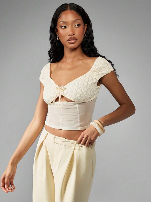 missguided MISSGUIDED Womens Corset Style Lace Tie Front Cap Sleeve Top