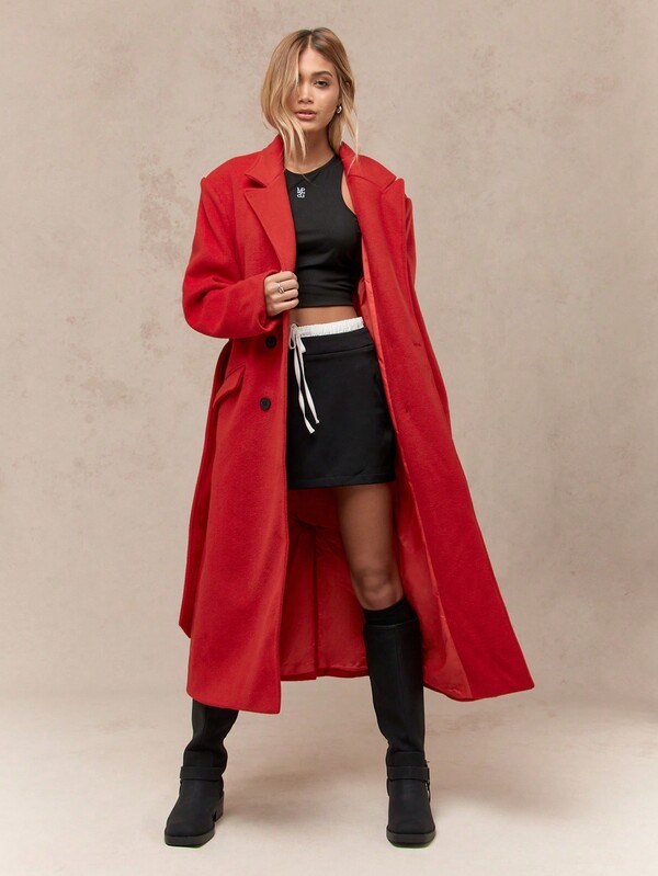 Missguided MISSGUIDED Wool Belted Maxi Classic Double Breasted Women Overcoats