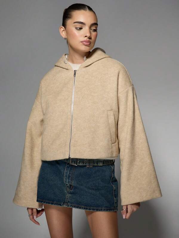 Missguided MISSGUIDED Wool Blend Cropped Hooded Zip-Front Bomber Jacket