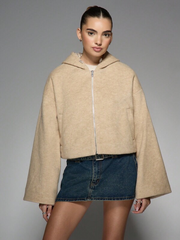 missguided MISSGUIDED Wool Blend Cropped Hooded Zip-Front Bomber Jacket