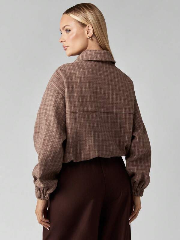 Missguided MISSGUIDED Wool Look Bomber Jacket With Grid Pattern And Zip Front