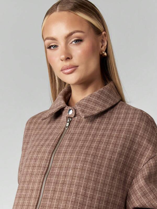 Missguided MISSGUIDED Wool Look Bomber Jacket With Grid Pattern And Zip Front