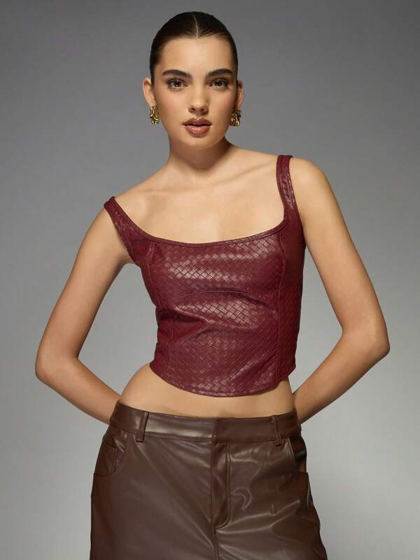 missguided MISSGUIDED Woven Leather Corset Top With Square Neckline
