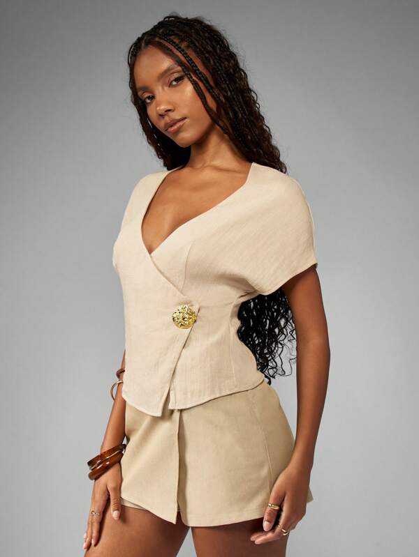 missguided MISSGUIDED Wrap Front Blouse With Decorative Button