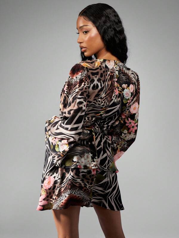 Missguided MISSGUIDED Wrap Mini Dress Mixed Animal Pattern Ruffle Long Sleeve