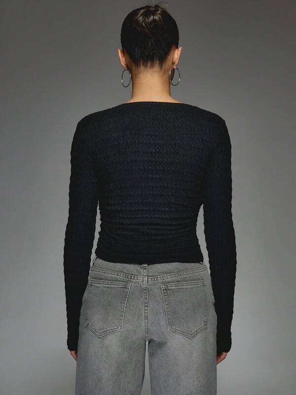 Missguided MISSGUIDED Wrap V Neck Long Sleeve Slim Fit Bodycon Top