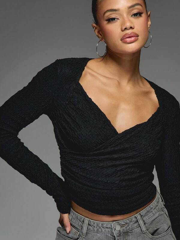 Missguided MISSGUIDED Wrap V Neck Long Sleeve Slim Fit Bodycon Top