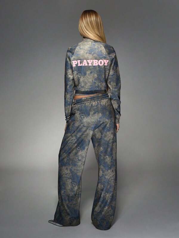 Missguided Missguided X Playboy 2pcs/Set Women All Over Print Zip-Up Jacket And Drawstring Pants Set