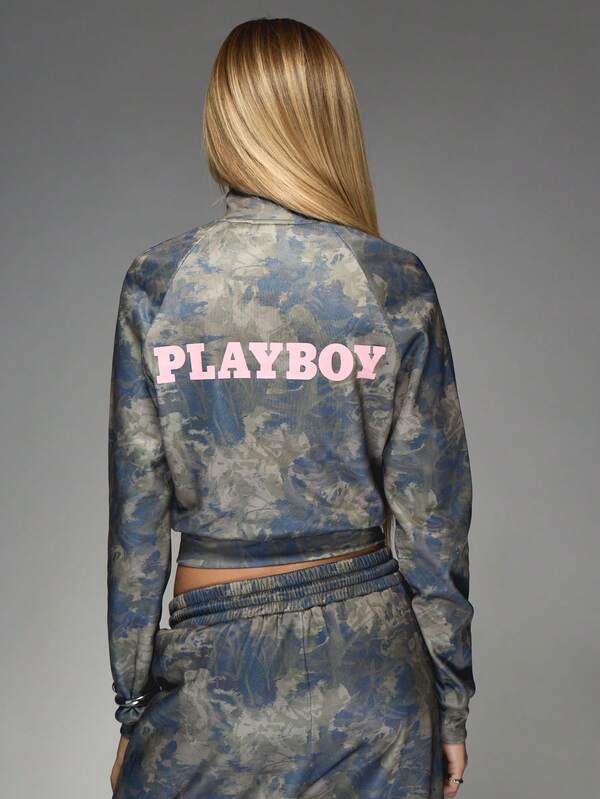 Missguided Missguided X Playboy 2pcs/Set Women All Over Print Zip-Up Jacket And Drawstring Pants Set