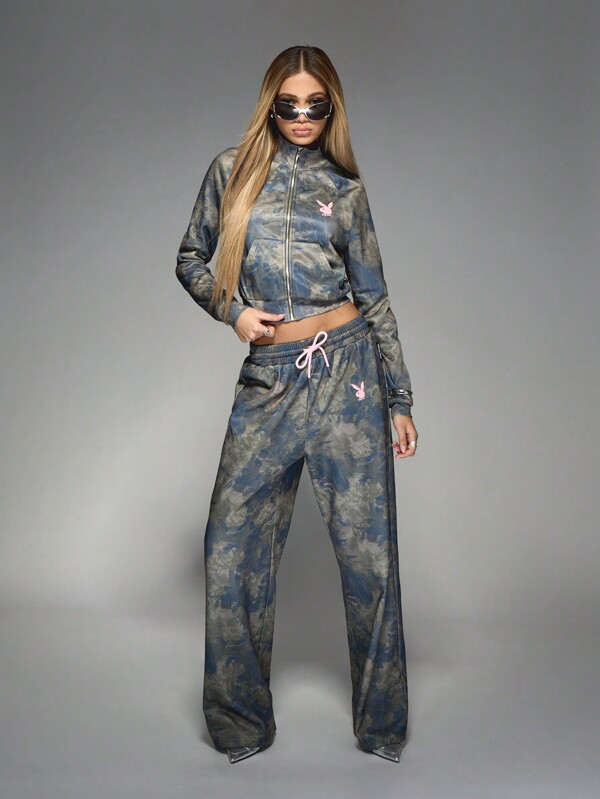 missguided Missguided x Playboy 2pcs/Set Women All Over Print Zip-Up Jacket And Drawstring Pants Set