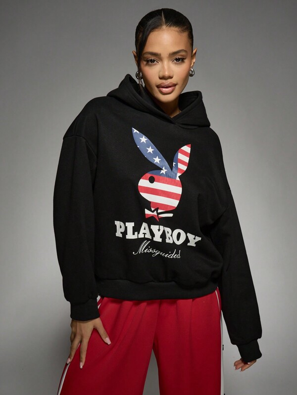 Missguided Missguided X Playboy 4th Of July USA Flag Print Logo Oversized Graphic Hoodie| Unisex