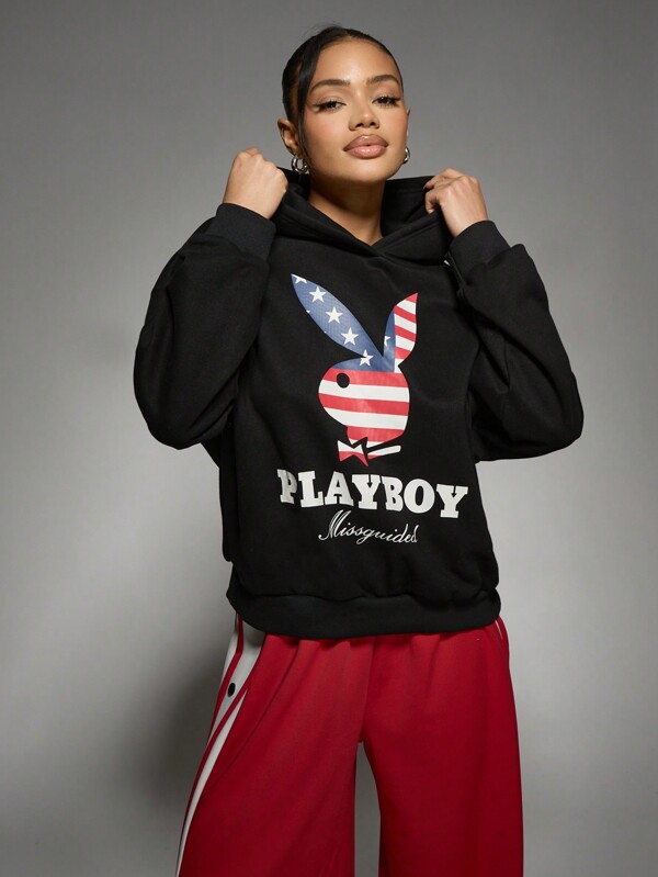 missguided Missguided x Playboy 4th Of July USA Flag Print Logo Oversized Graphic Hoodie| Unisex