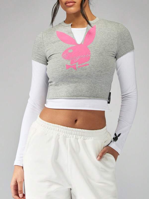 Missguided Missguided X Playboy 90'S Double Layered Bunny Print Fitted T-Shirt