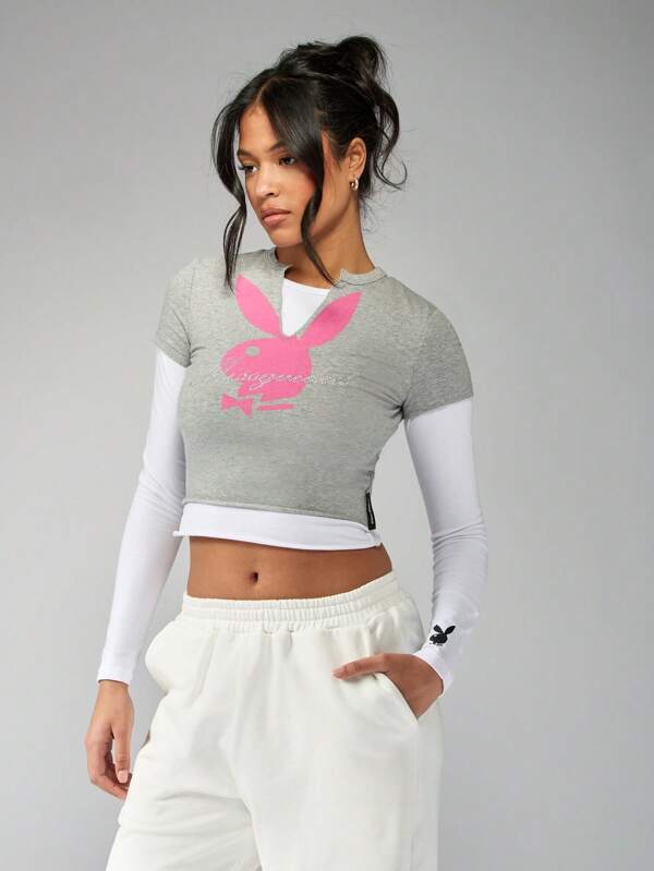 missguided Missguided x Playboy 90'S Double Layered Bunny Print Fitted T-Shirt