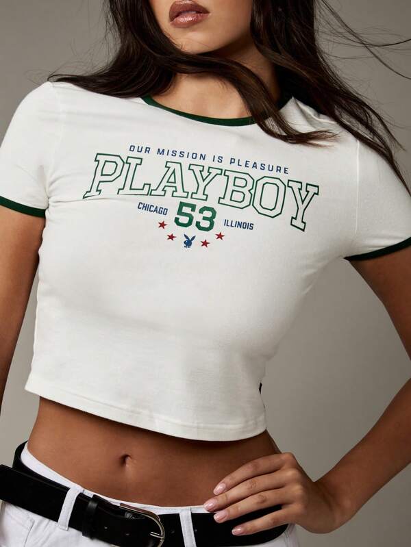 missguided Missguided x Playboy Aesthetic Retro Ringer Varsity Style Collegiate Crop Top