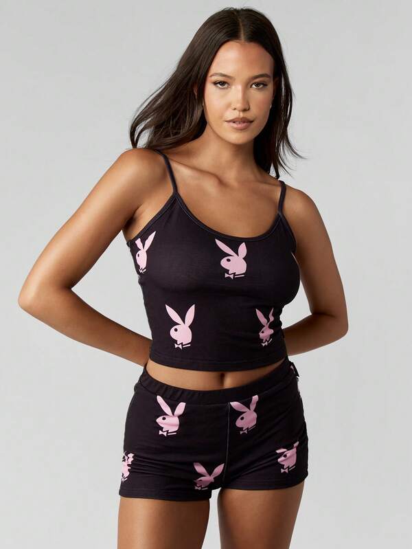 Missguided Missguided X Playboy All Over Bunny Print Cami Top And Hot Pants Set